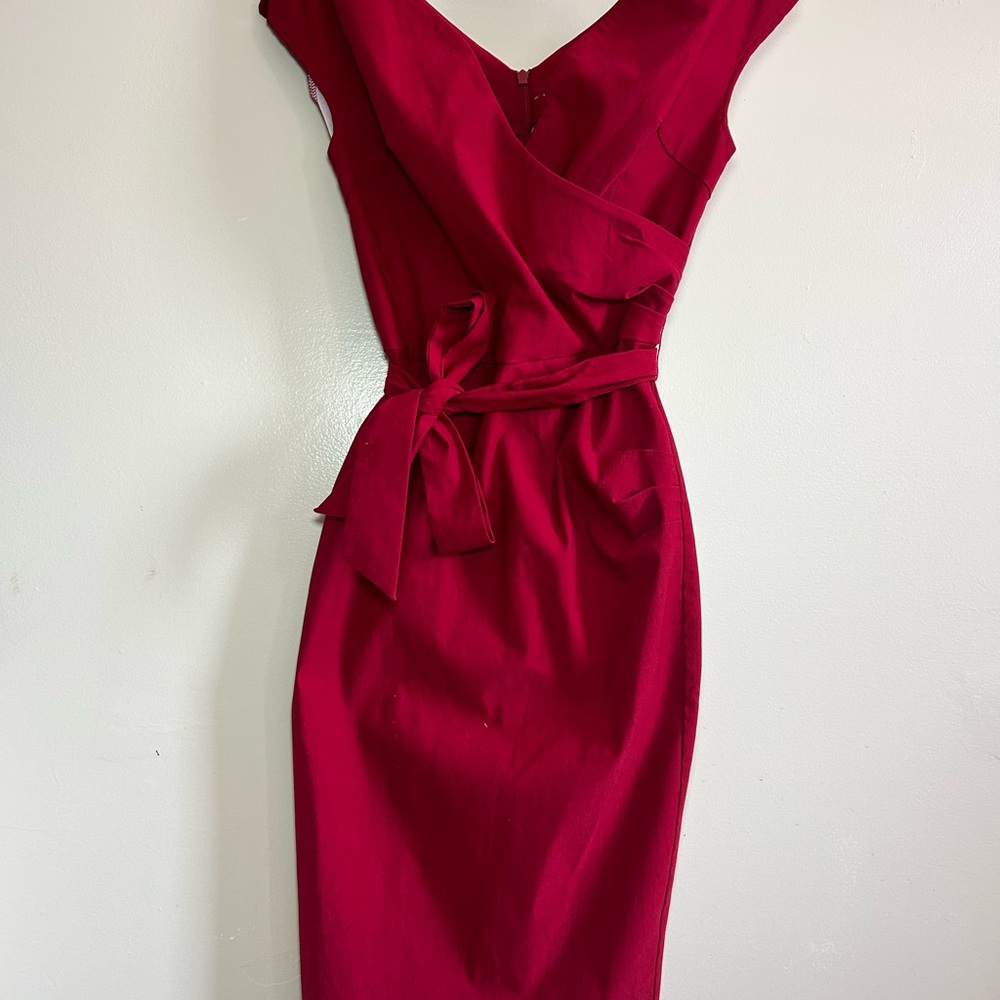 Red Tie Front Sheath Midi Dress V-Neck